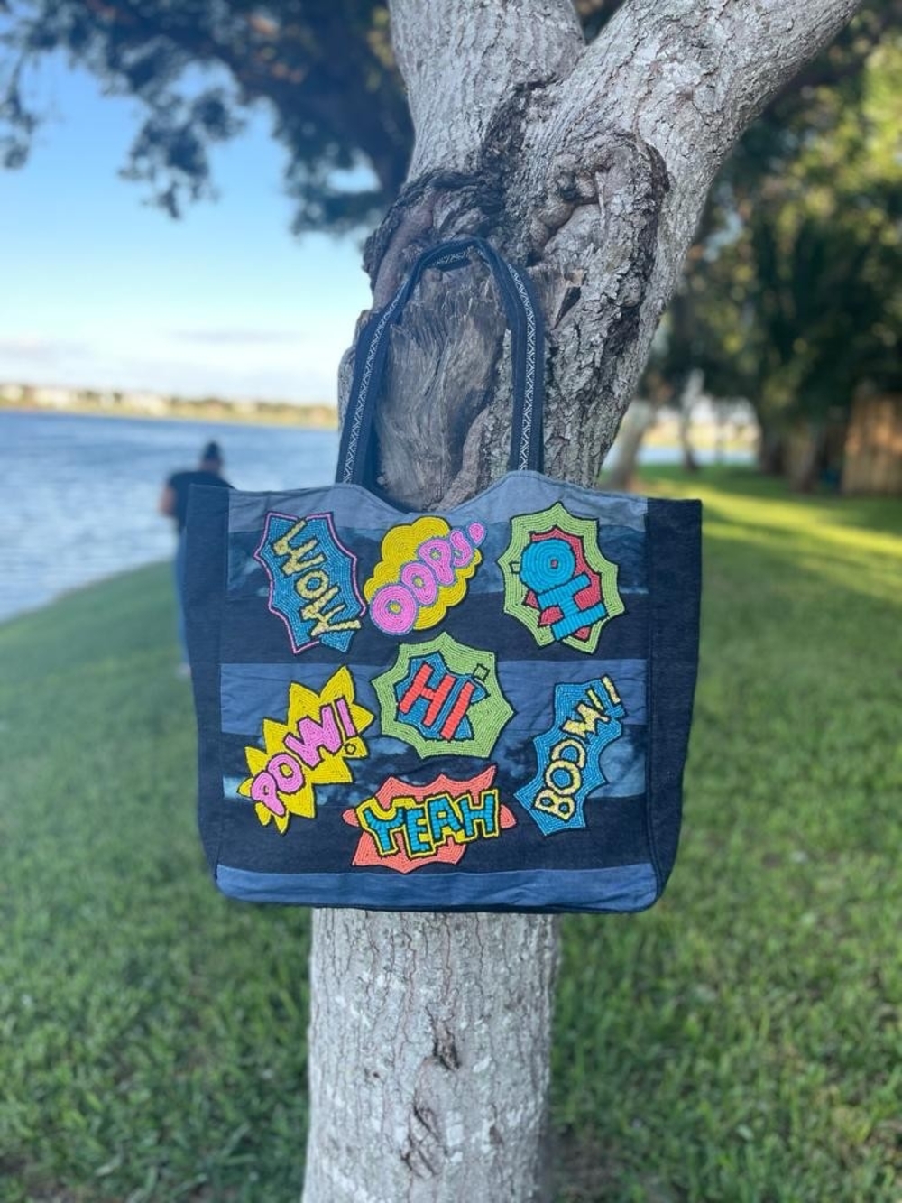 Navy Comic Patchwork Tote with Bright Pop Appliqués
